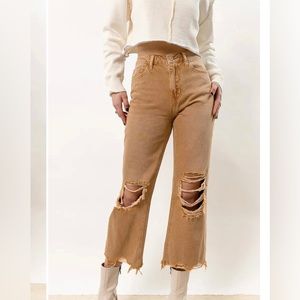 Wide Leg Ripped Ankle Denim in Mustard